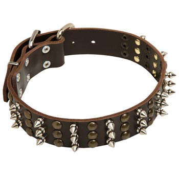 Amstaff Handmade Leather Collar 3  Studs and Spikes Rows