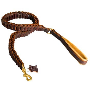 Braided Leather Amstaff Leash with Padding on Handle