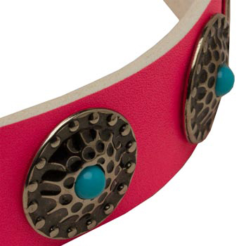 Pink Amstaff Collar Leather with Blue Stones